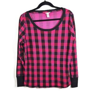 VICTORIA'S SECRET Y2K Plaid Thermal Top Womens Medium Pink Black Long Sleeve